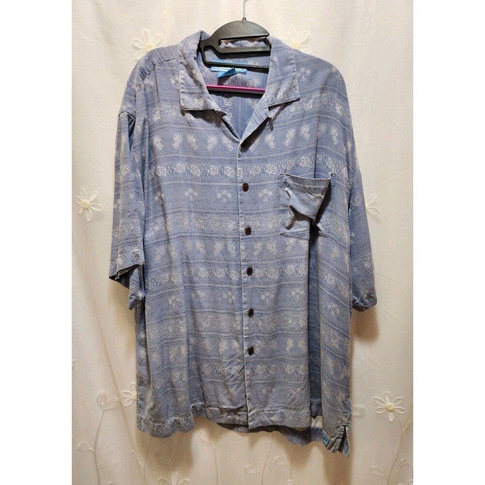 Bermuda Bay Men XL Blue Shirt Silk Tropical Vacation Pineapple Coastal Resort